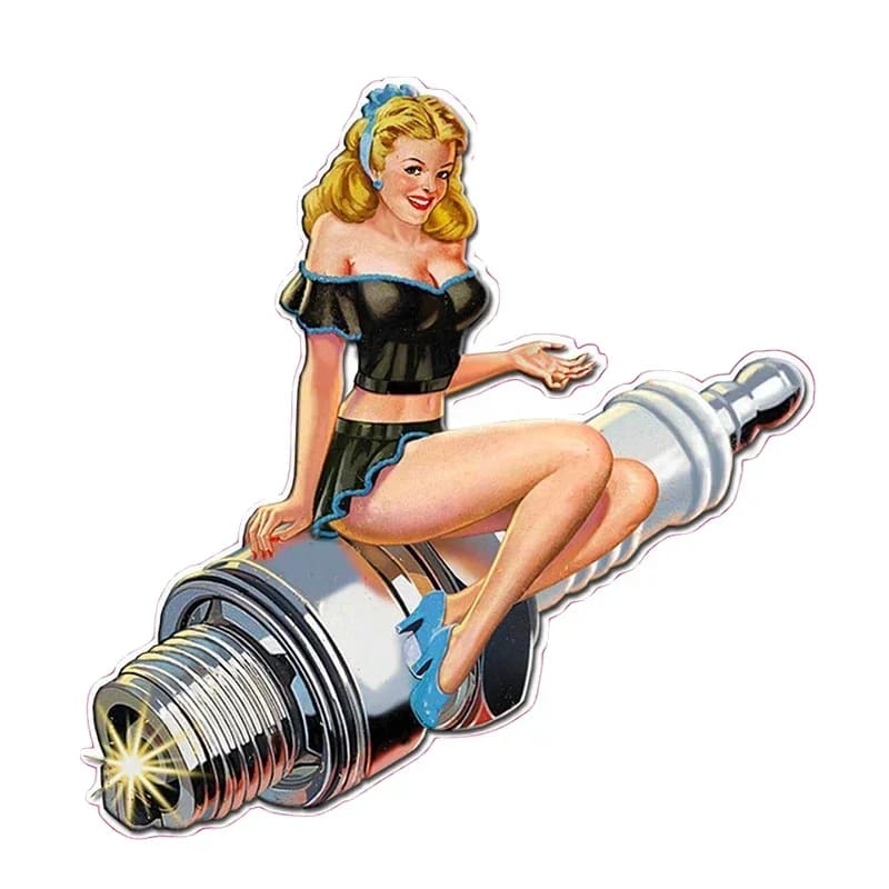 Classic Spark Plug Pin Up Girl Cartoon Decal Self-adhesive Hot Rod Car Sticker Auto Motorcycle Biker Decoration 13cm x