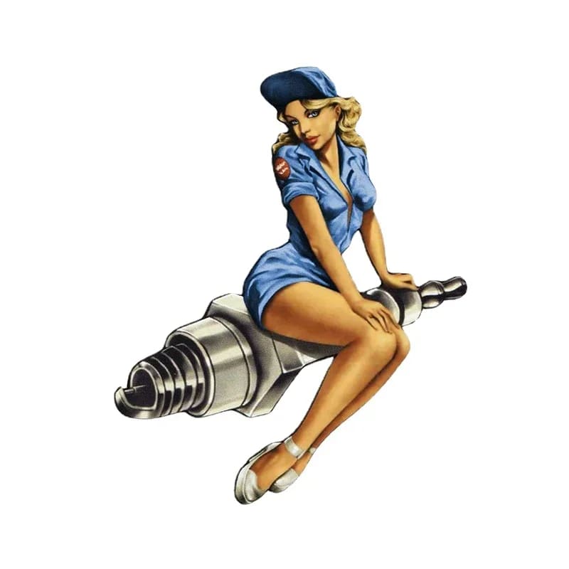 Classic Spark Plug Pin Up Girl Cartoon Decal Self-adhesive Hot Rod Car Sticker Auto Motorcycle Biker Decoration 13cm x